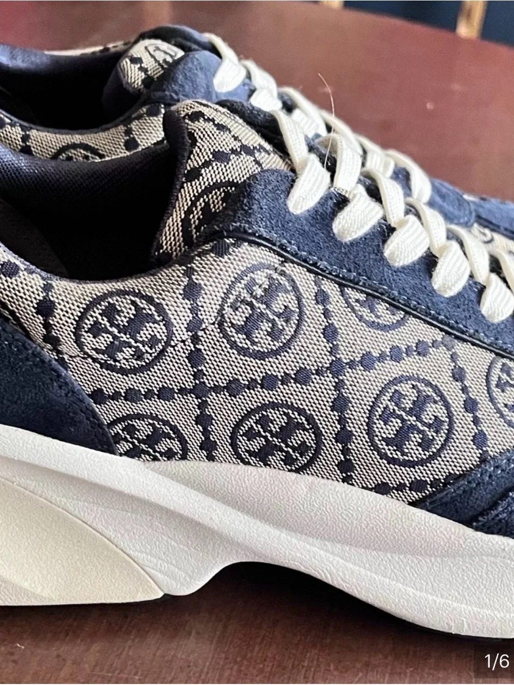 Tory Burch Navy and Ivory Logo-Print Athletic Sneaker Women size 10 Like New!